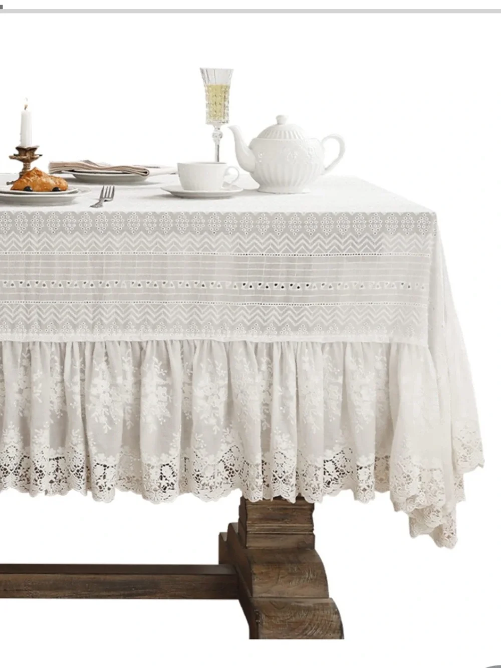 Vintage French Lace Ruffle 100% Cotton Tablecloth SQUARE 63x63” CREAM
